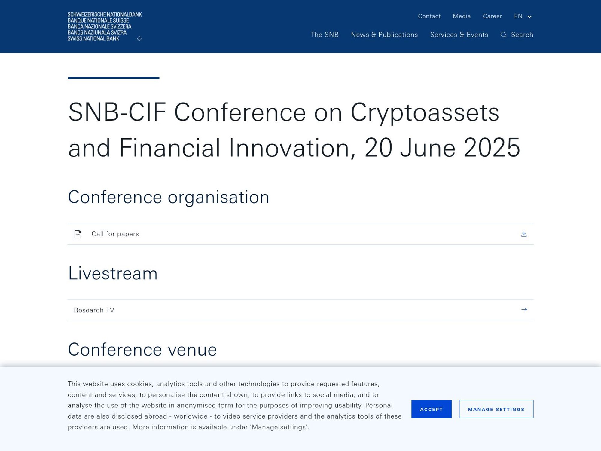 SNB-CIF Conference on Cryptoassets and Financial Innovation website