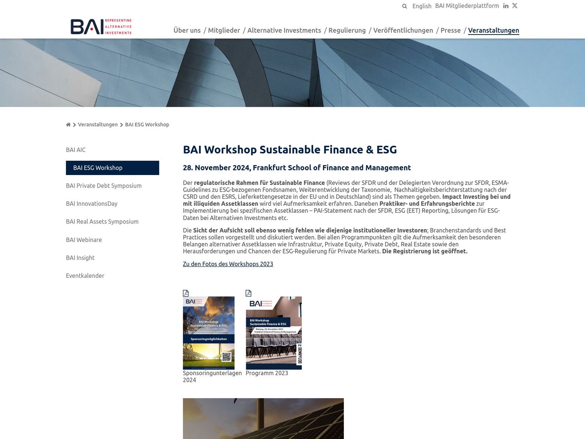 BAI Workshop Sustainable Finance & ESG website