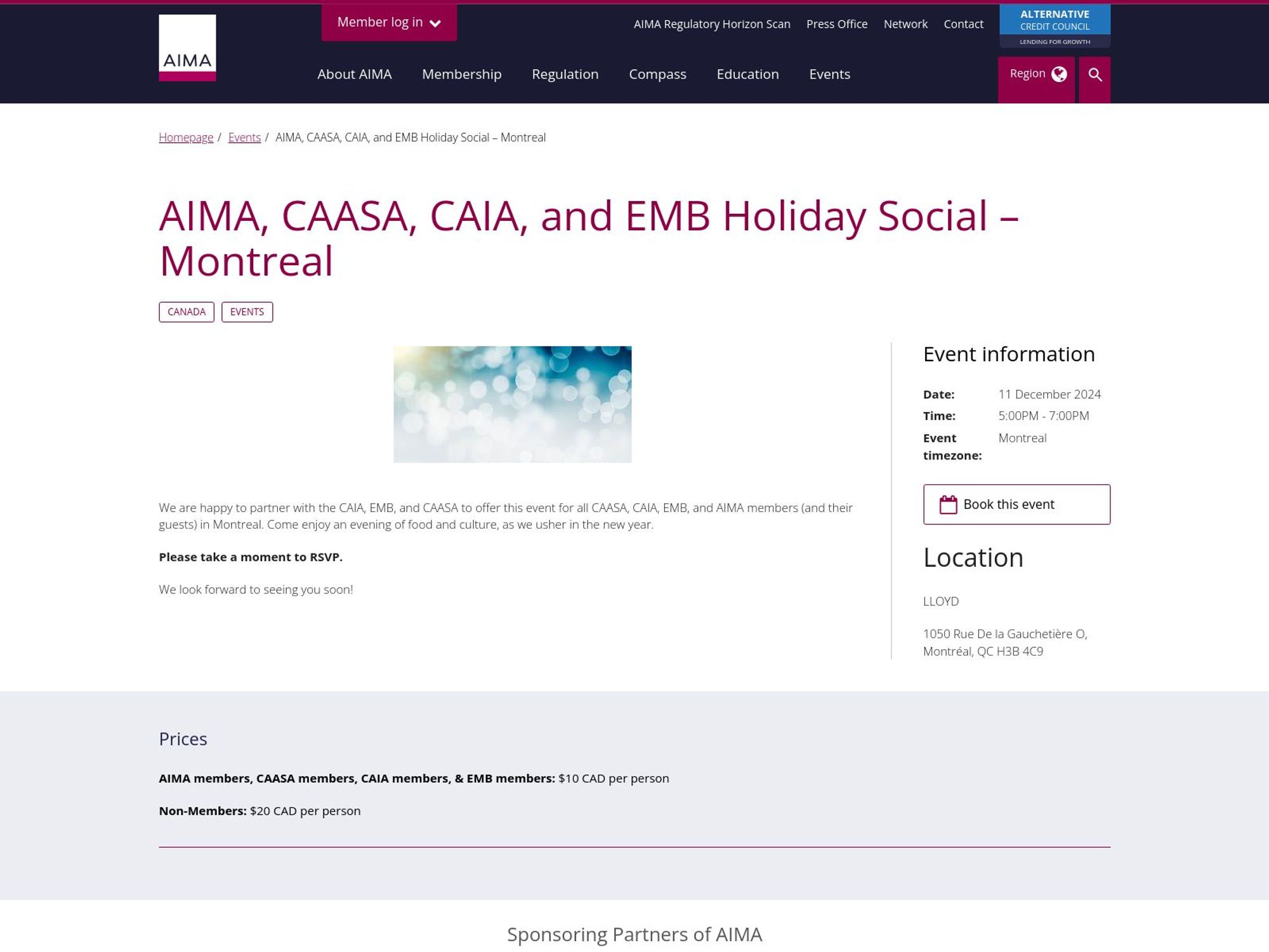 AIMA, CAASA, CAIA, and EMB Holiday Social website