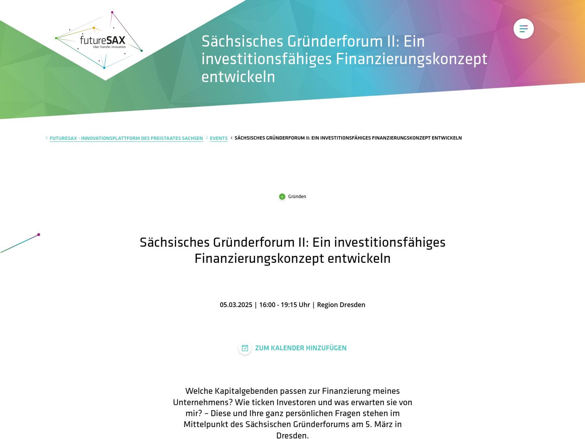 Sächsisches Gründerforum: Ein investitionsfähiges Finanzierungskonzept entwickeln website