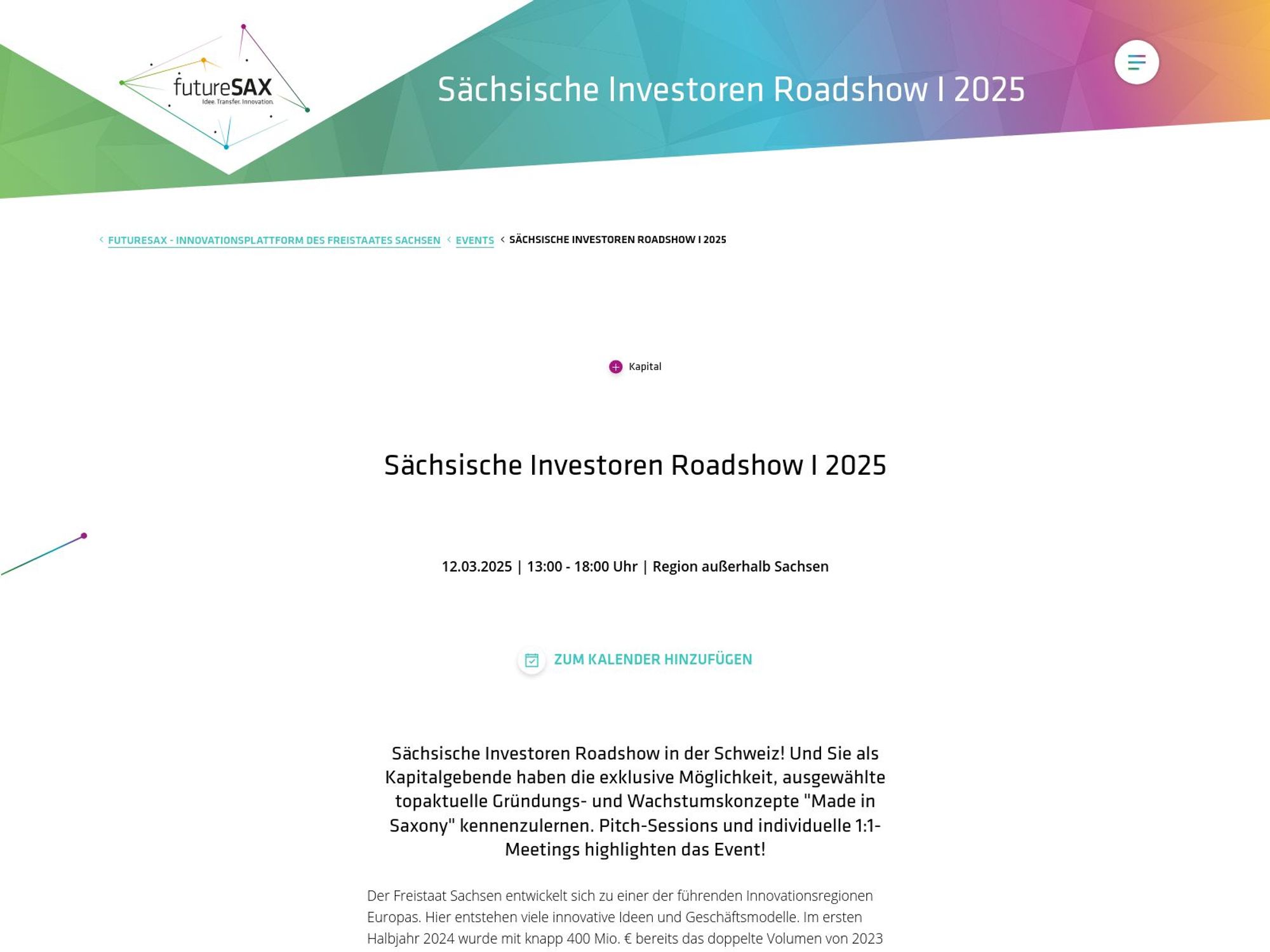 Sächsische Investoren Roadshow I - Schweiz website