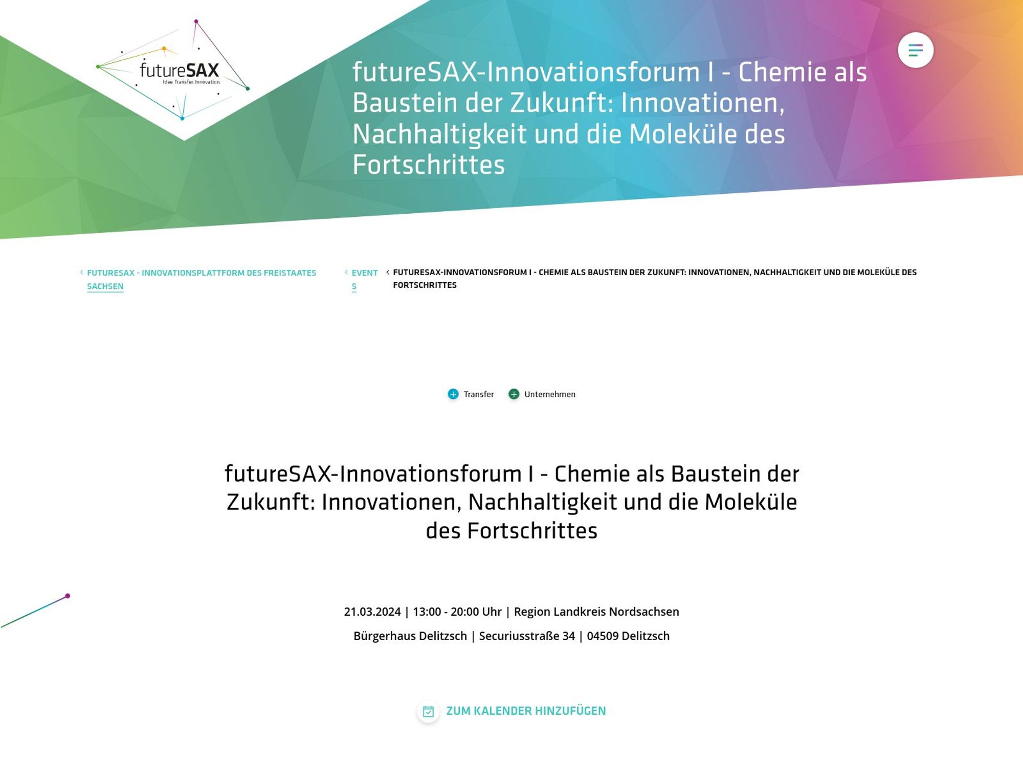 futureSAX-Innovationsforum I - Chemie als Baustein der Zukunft website