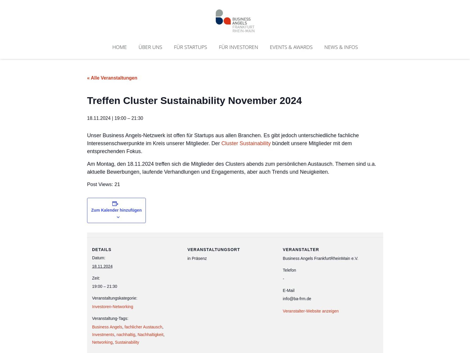 Business Angels Frankfurt RheinMain: Treffen Cluster Sustainability November 2024 screenshot