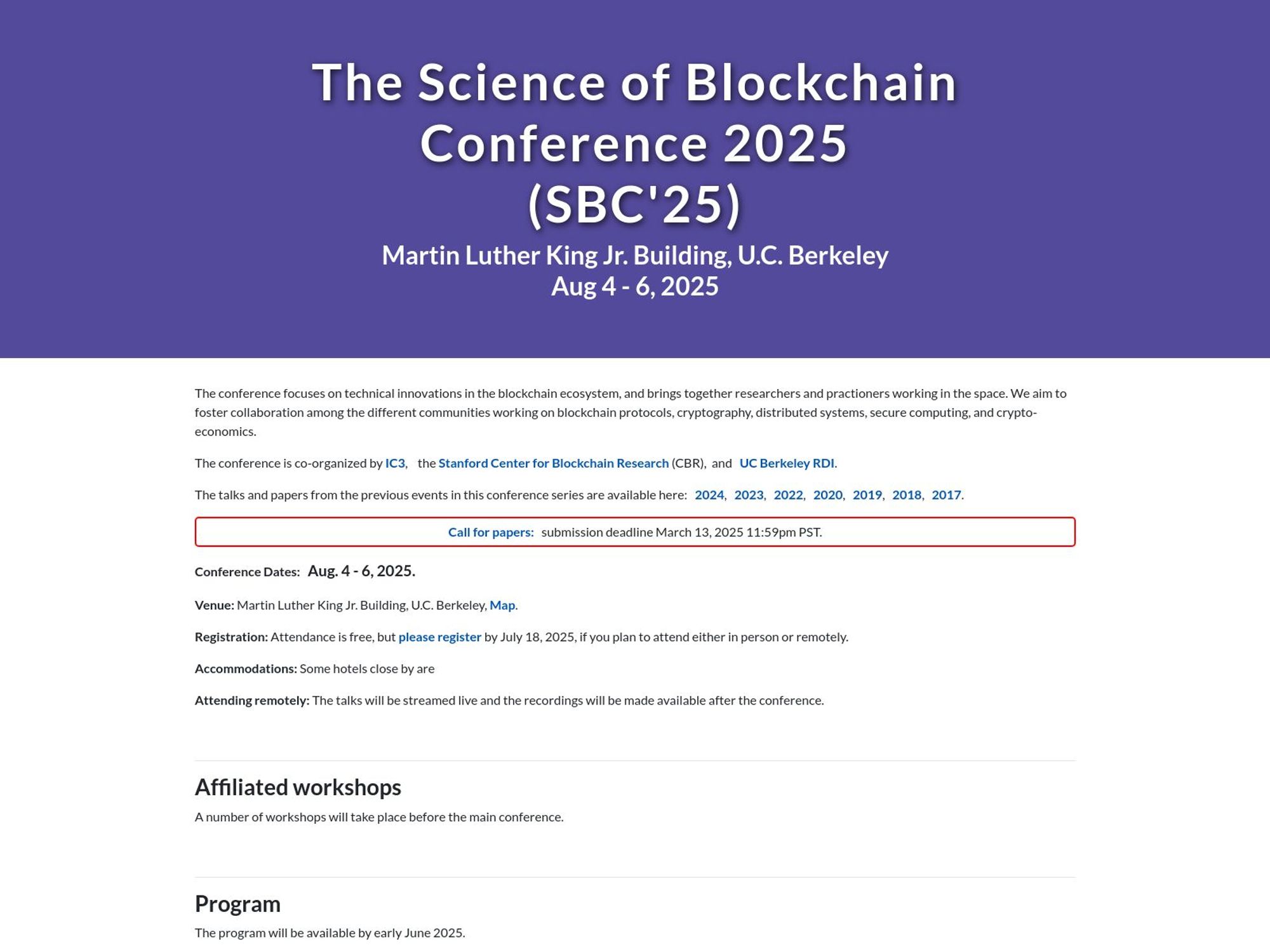 The Science of Blockchain Conference 2025 (SBC'25) website