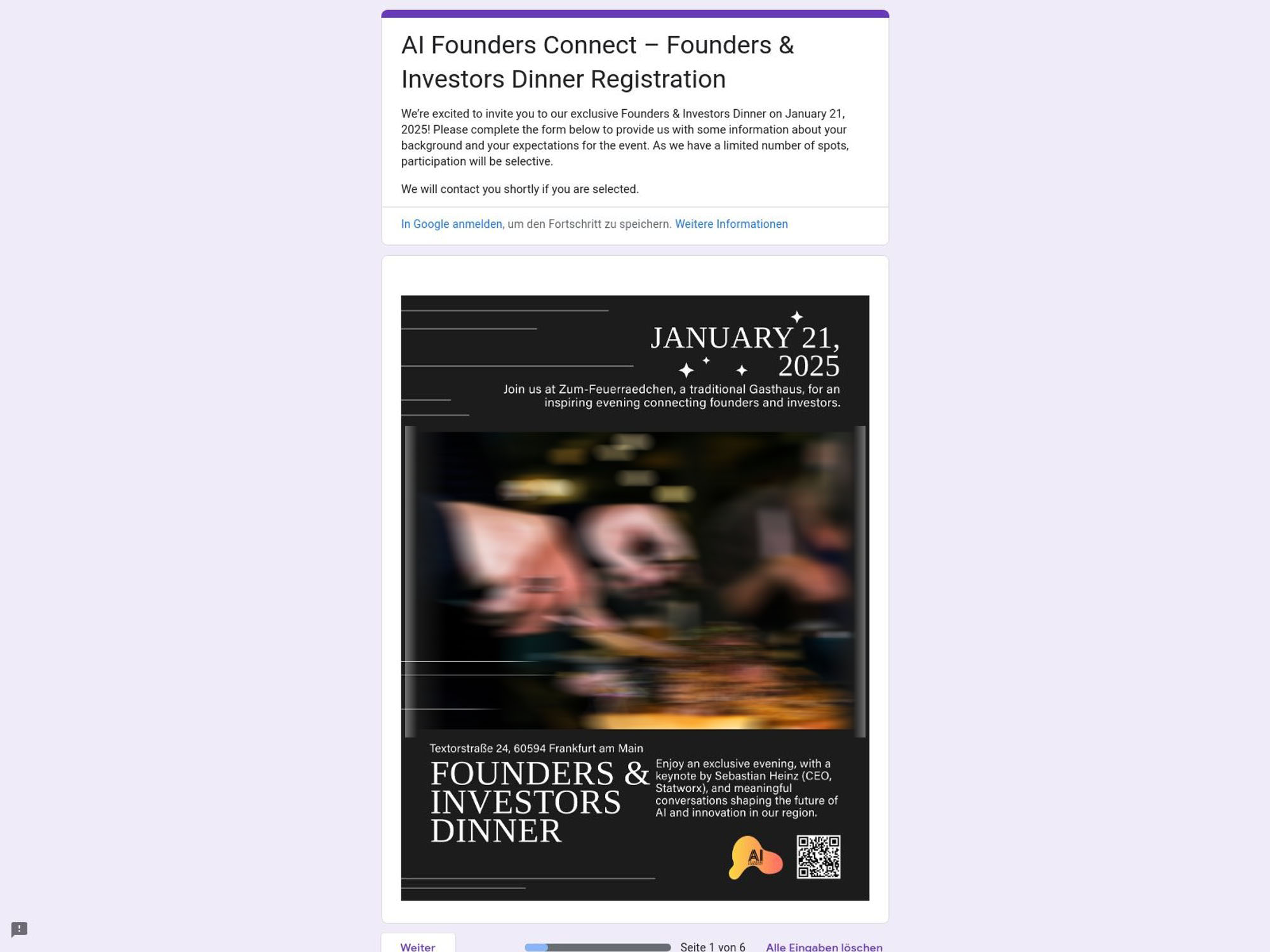 AI Founders Connect – Founders & Investors Dinner Registration screenshot